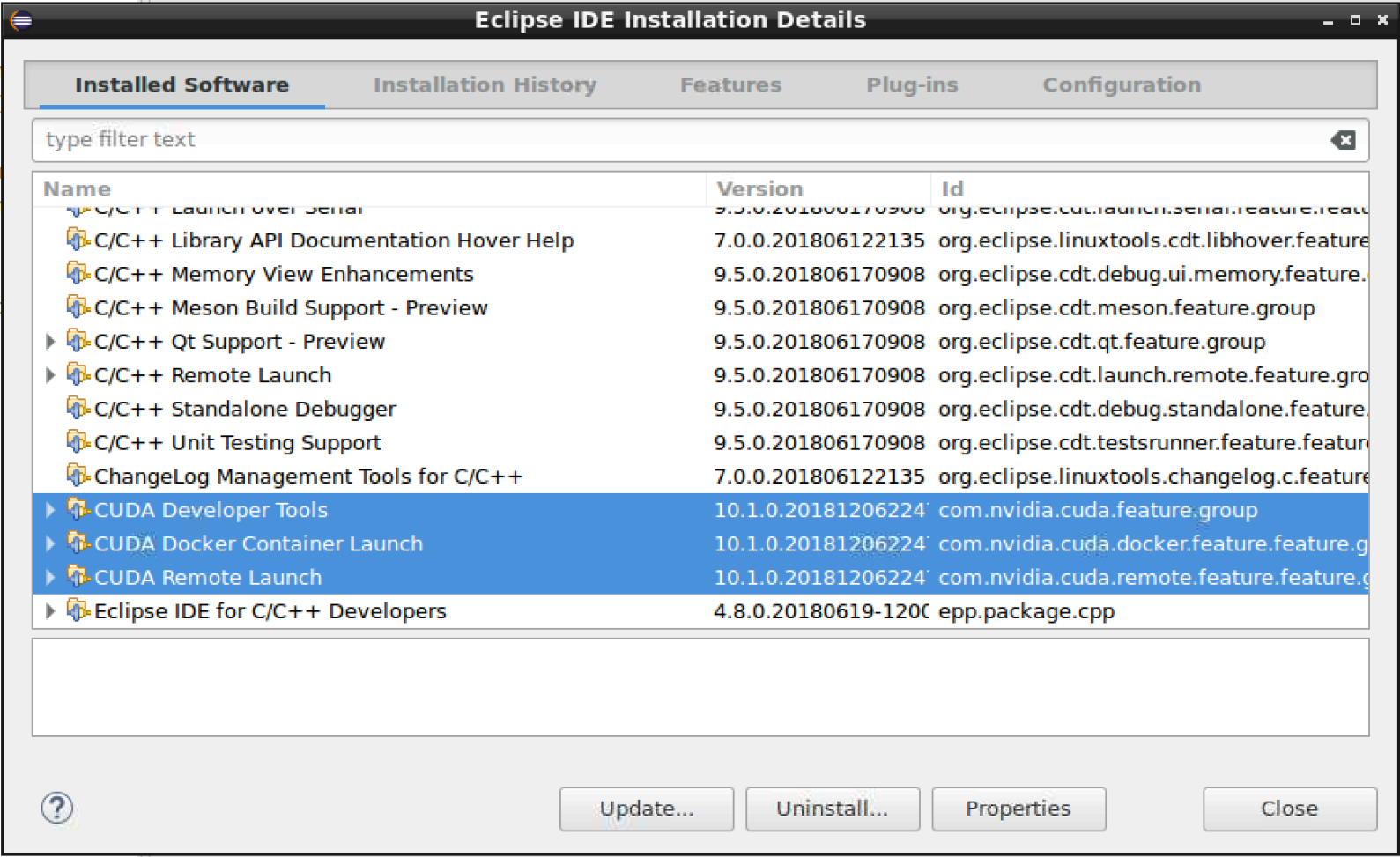 Installation details dialog