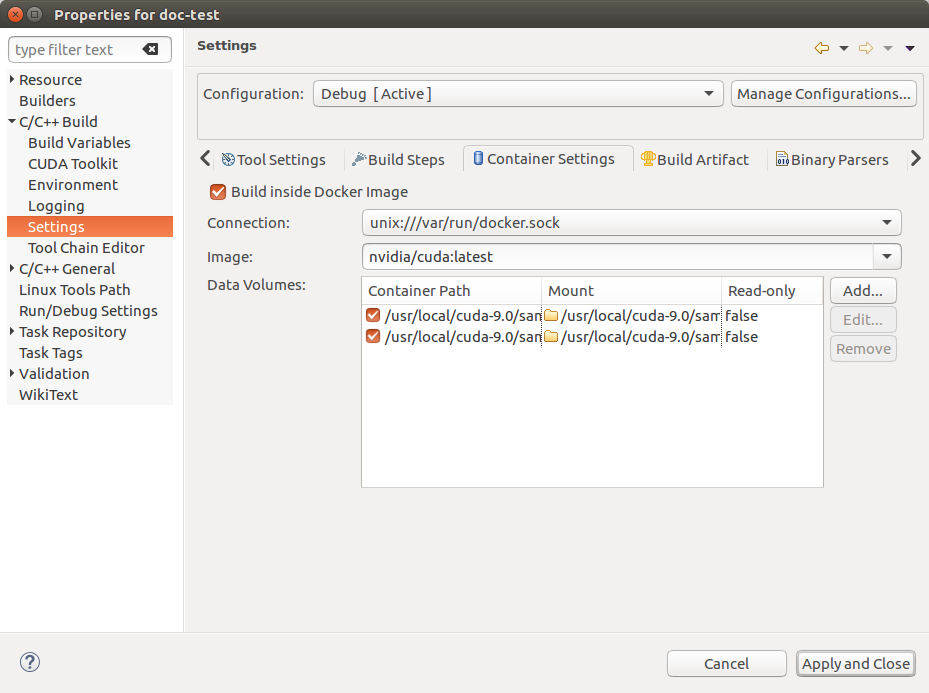 CUDA Docker Container Project Settings.